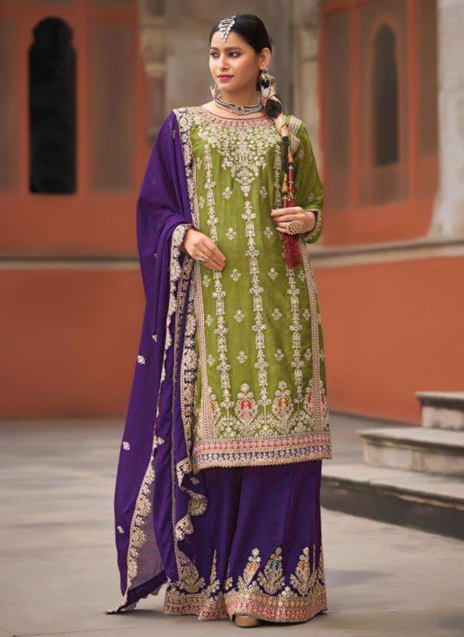 Pure Chinnon Green Traditional Wear Embroidery Work Readymade Plazzo Suit